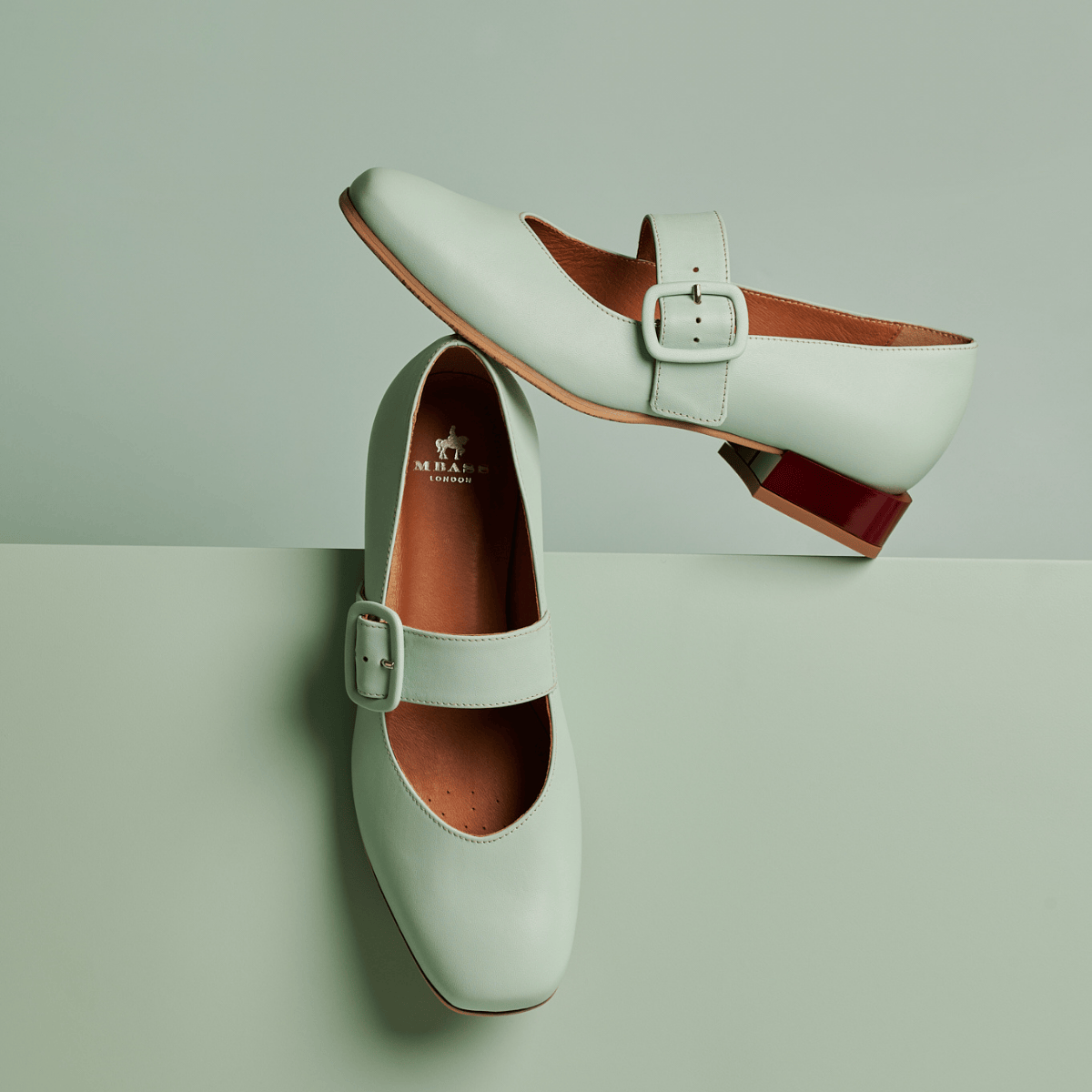 Bliss - Mint & Red - Women's block heel square toe leather Mary-Jane