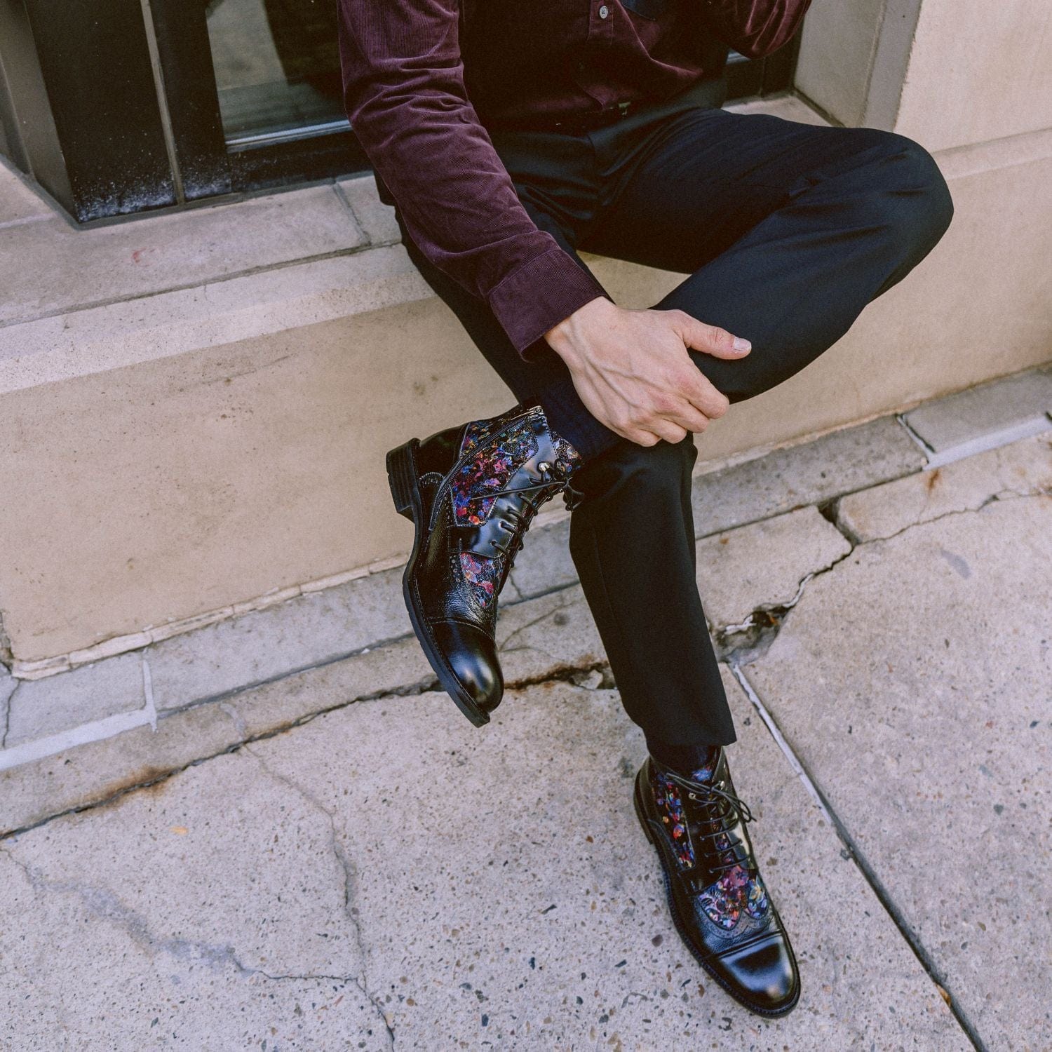 Charles - Black Flower - Men's lace up and zip up dressy leather boot