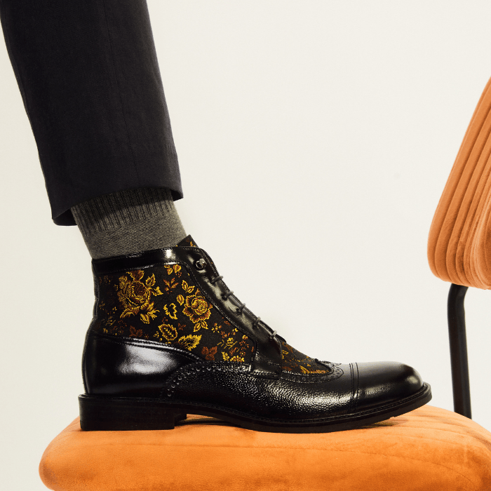 Charles - Black & Yellow Flowers - Men's leather lace up boot