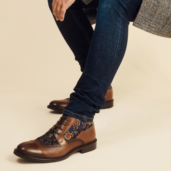 Charles - Tan & Blue Flowers - Men's leather lace up boot