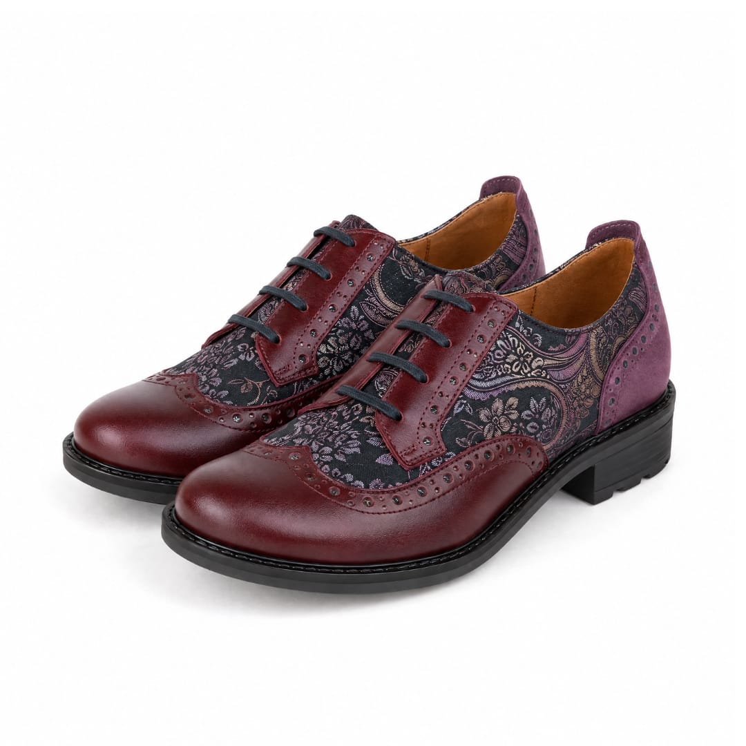DreamFiters - Burgundy Floral - Women's round toe leather derby shoe on durable rubber sole