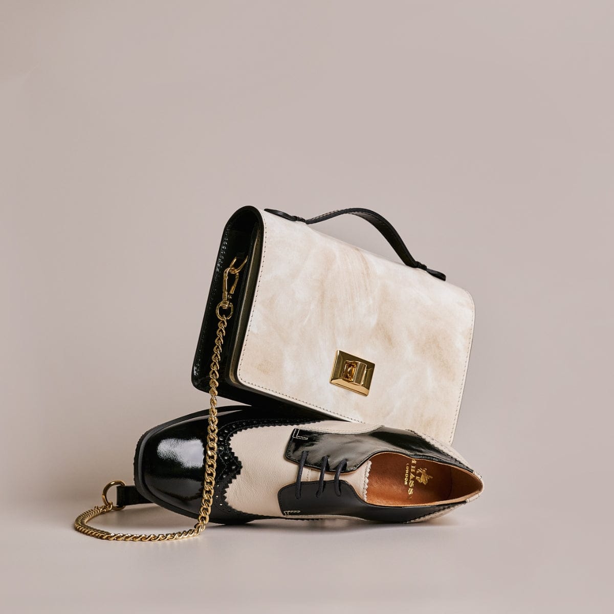 Envy - Cream & Black - Women's leather flap clutch bag with strap