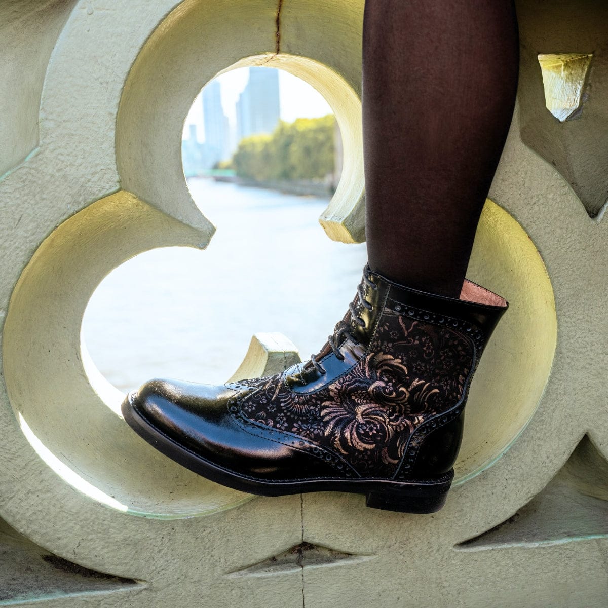 Mantis - Black Gold - Women's above-the-ankle lace-up boot with brogue & paisley detailing