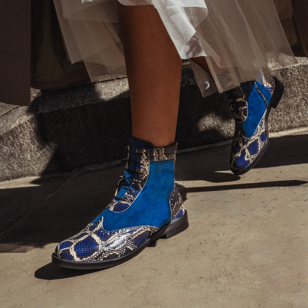 Mantis - Blue Snake - Women's above-the-ankle lace-up boot with brogue & snake print detailing
