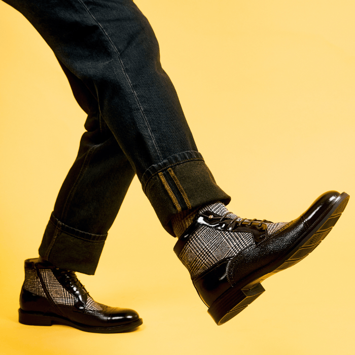 Charles - Brown Check - Men's toe cap dressy leather boot in leather and textile