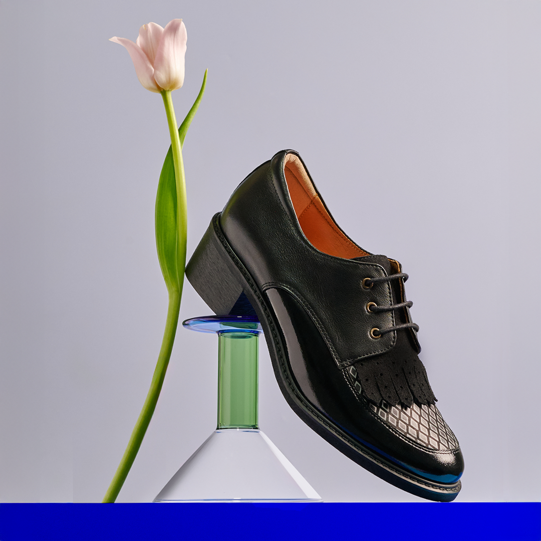 Retro Tone - Black & Grey Diamond - Women's leather lace-up with signature kiltie detail