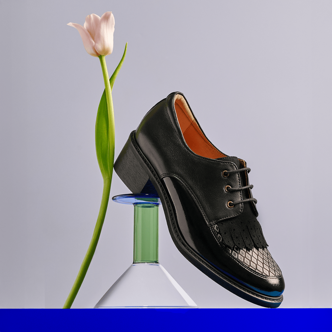 Retro Tone - Black & Grey Diamond - Women's leather lace-up with signature kiltie detail