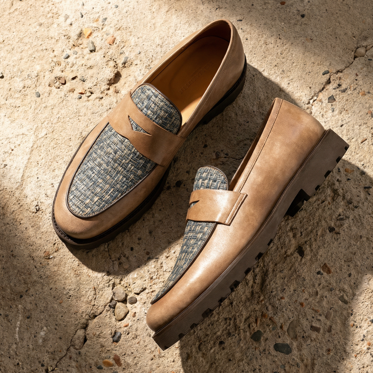 Sunkin - Light Blue & Brown - Men's leather woven slip-on loafer