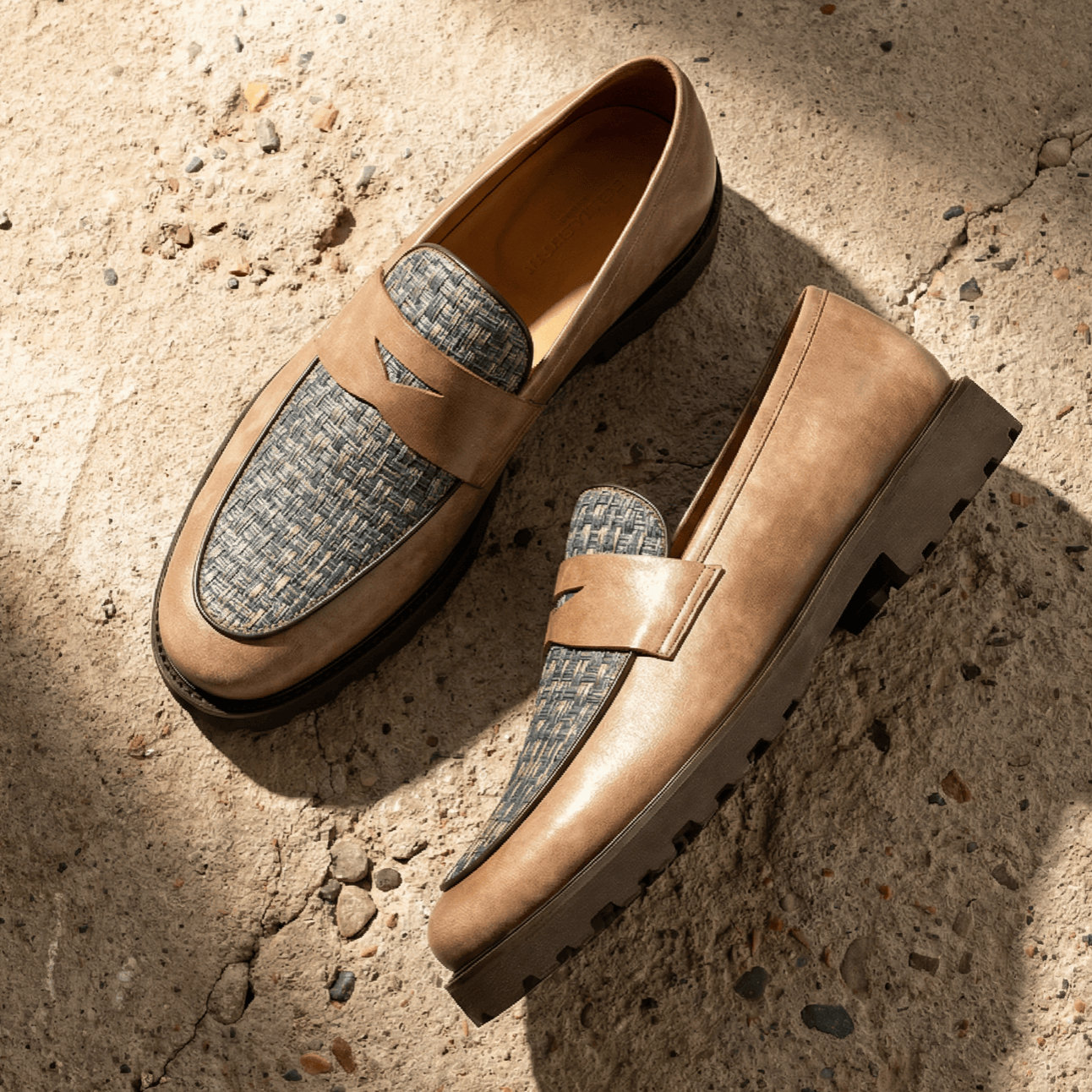 Sunkin - Light Blue & Brown - Men's leather woven slip-on loafer