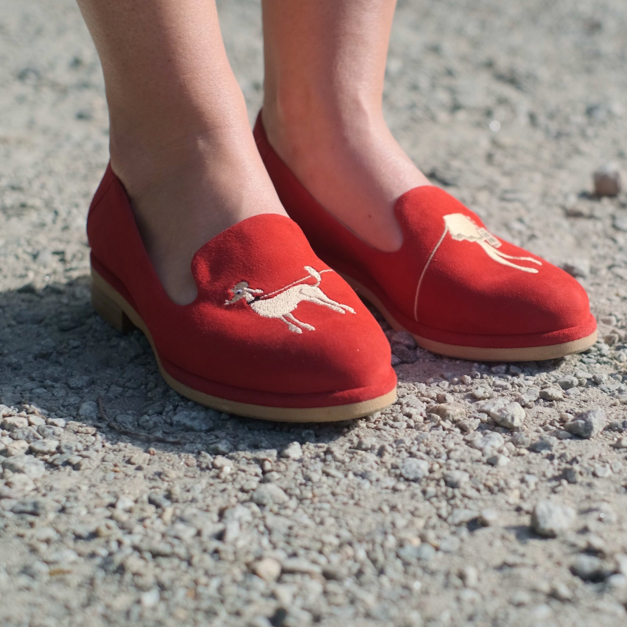 Fetch - Red - Women's round toe poodle embroidered comfy leather loafer