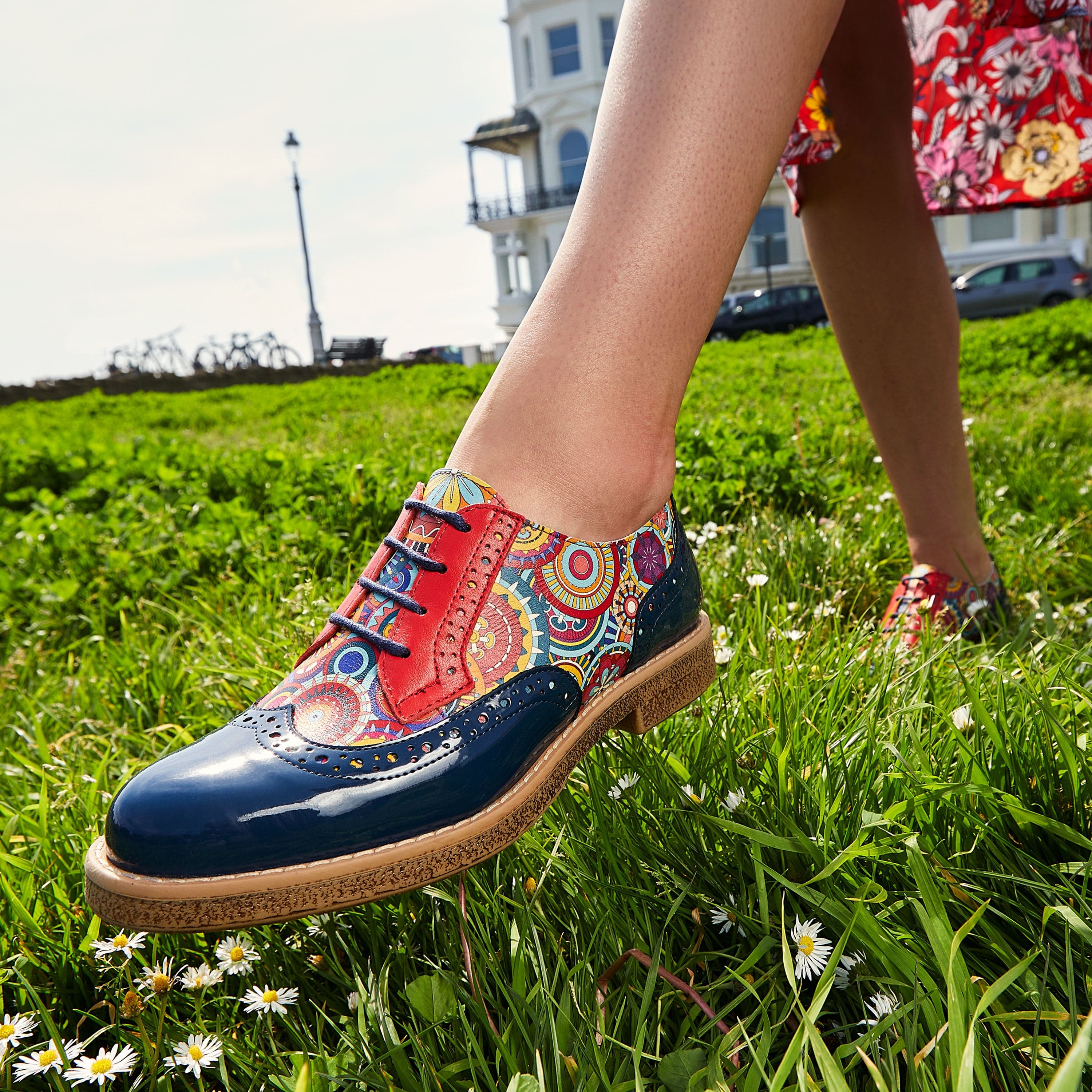 The Artist - Navy Multi - Women's leather lace-up shoe with brogue detailing