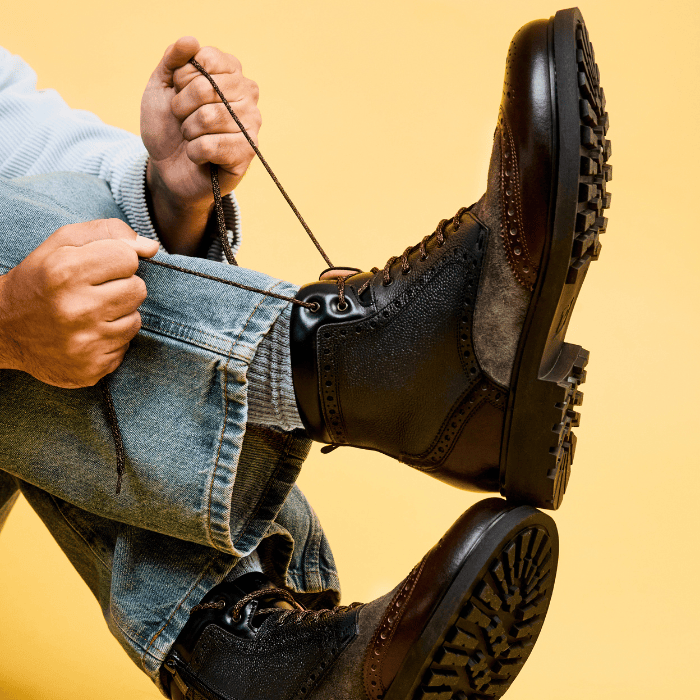 Wanderer - Navy & Grey & Burgundy - Men's leather combat style side zipper boot in brown