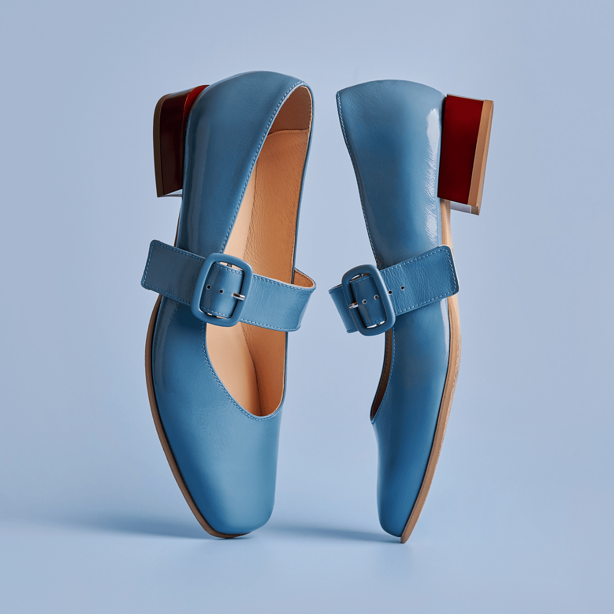 Bliss - Light Blue - Women's block heel square toe patent leather Mary-Jane