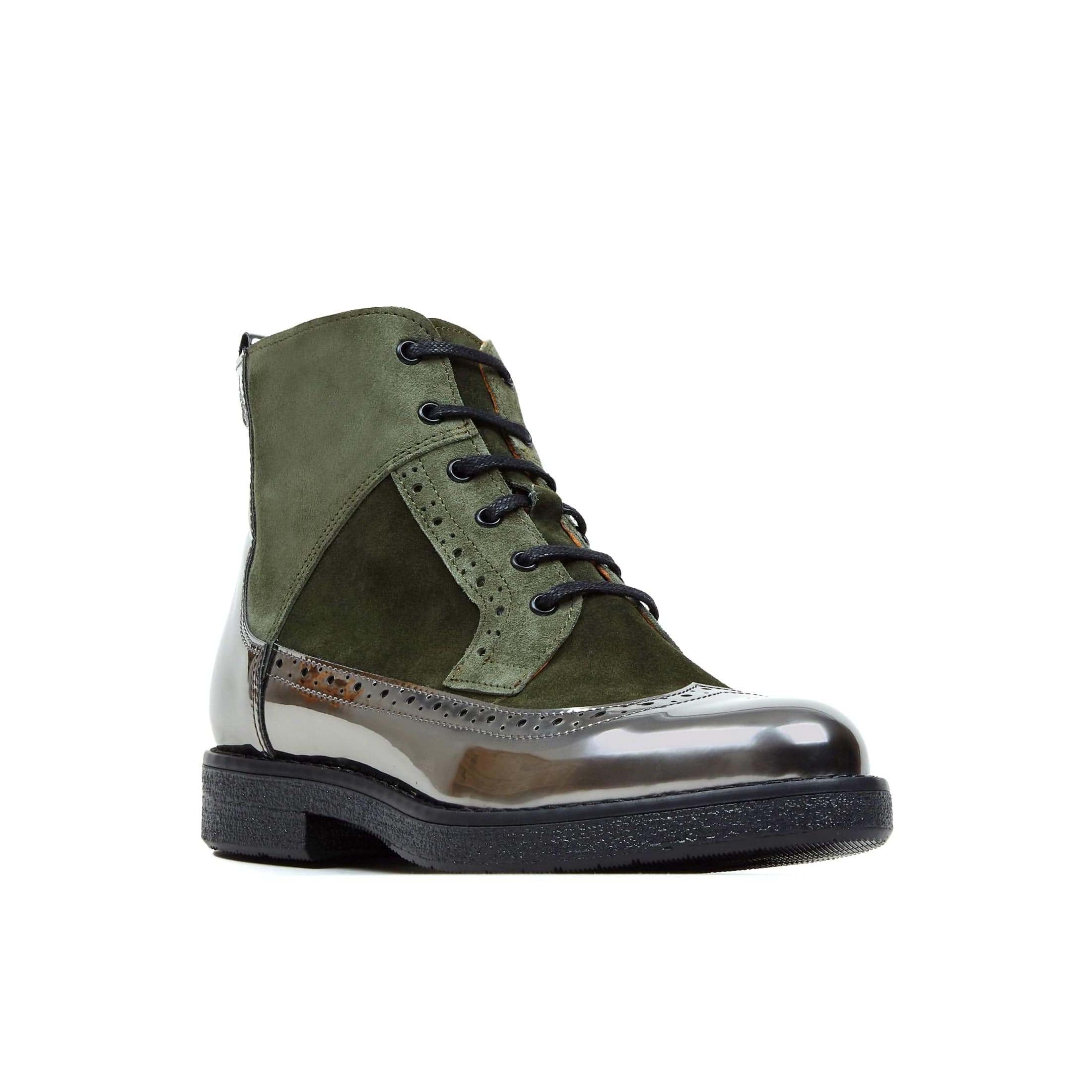 Hatter - Olive Chrome - Women's zip up and lace up ankle boot with brogue styling