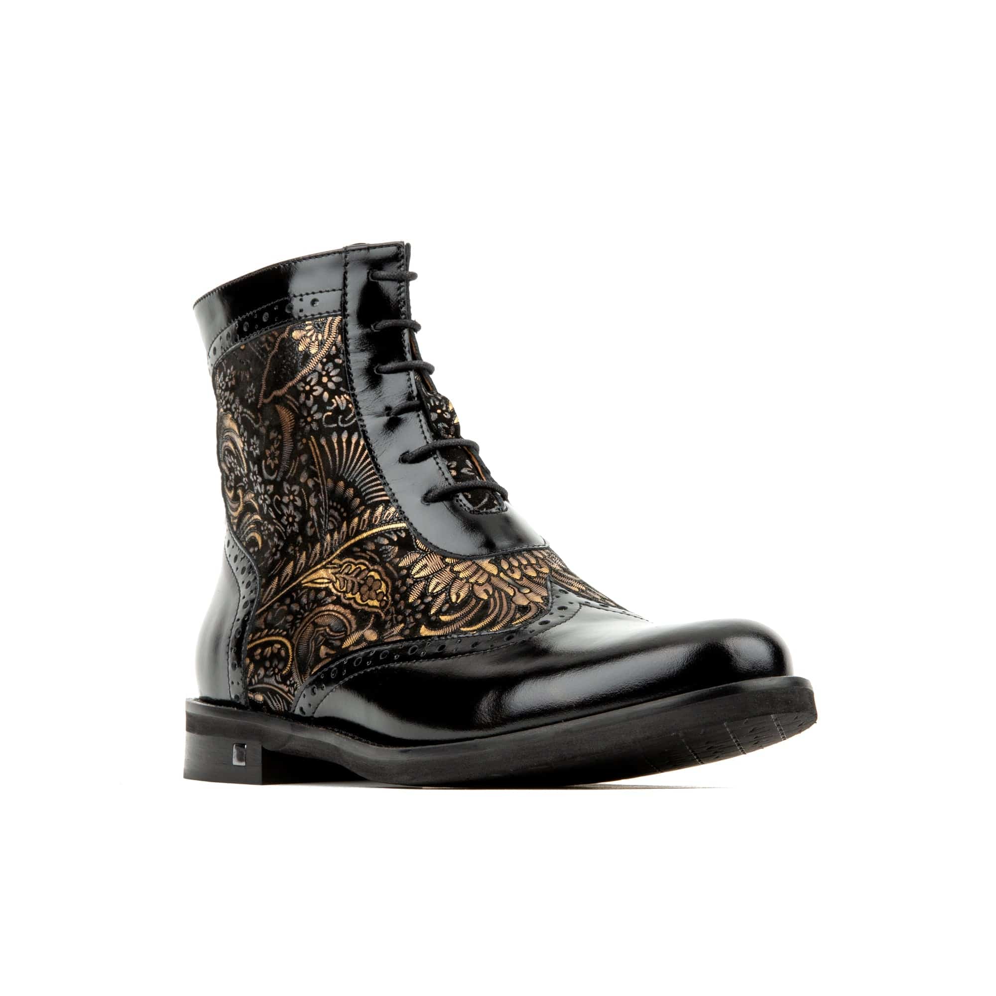 Mantis - Black Gold - Women's above-the-ankle lace-up boot with brogue & paisley detailing