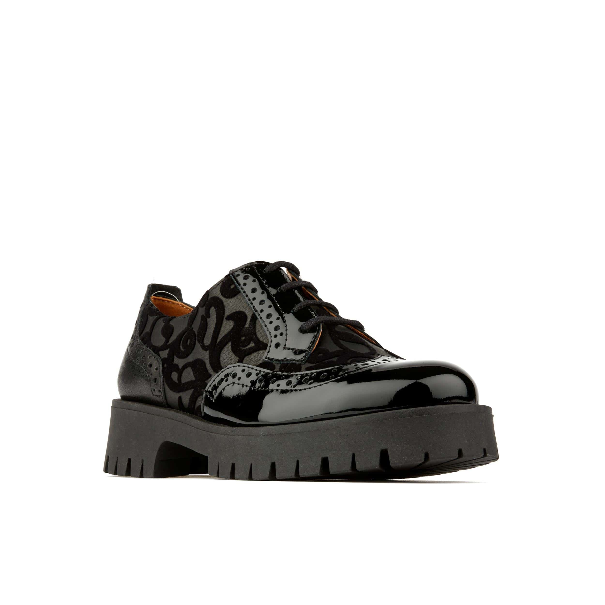 Artisan - Black Floral - Women's leather lace-up shoe with brogue detailing