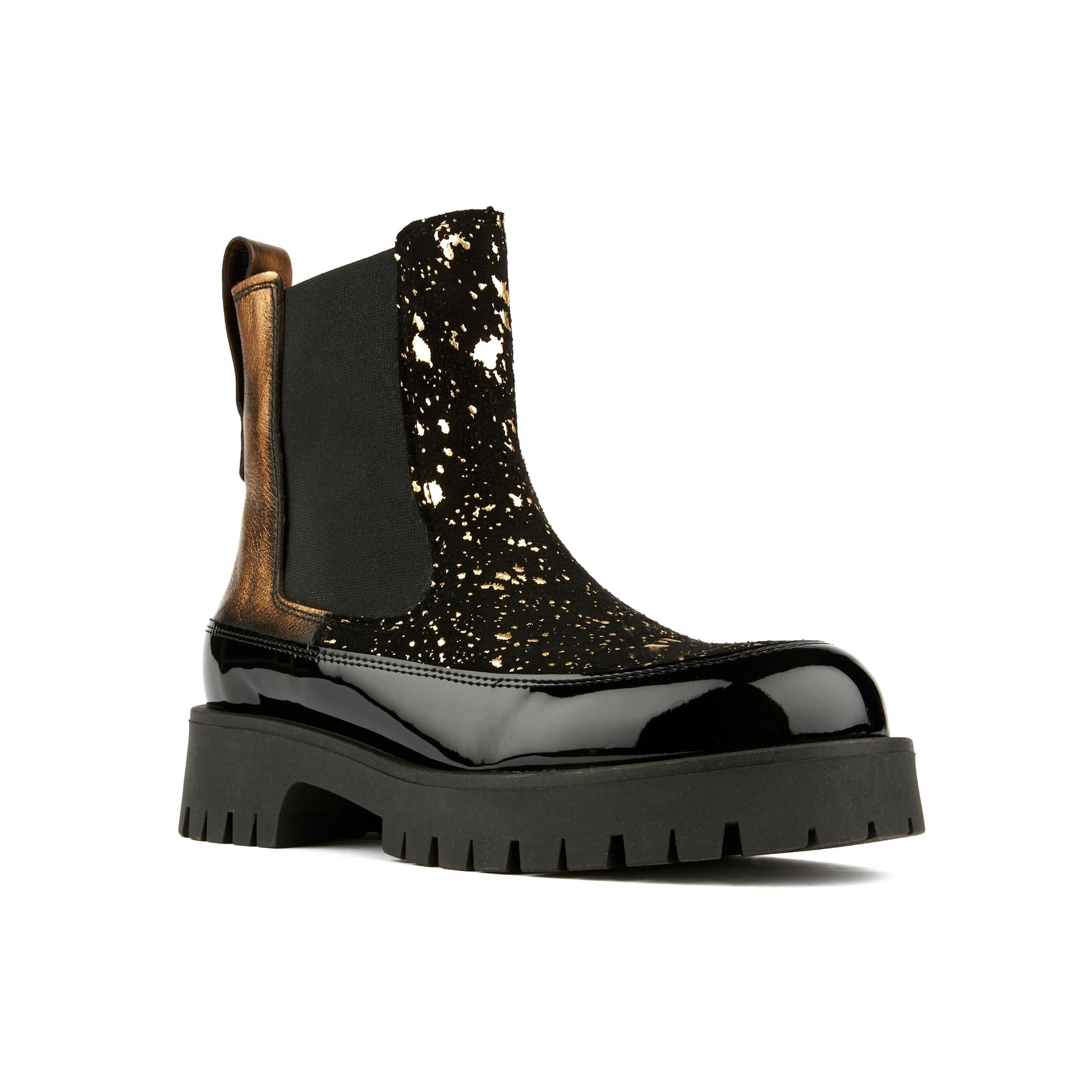 Bora - Black Gold - Women's chunky sole round toe leather chelsea boot in black