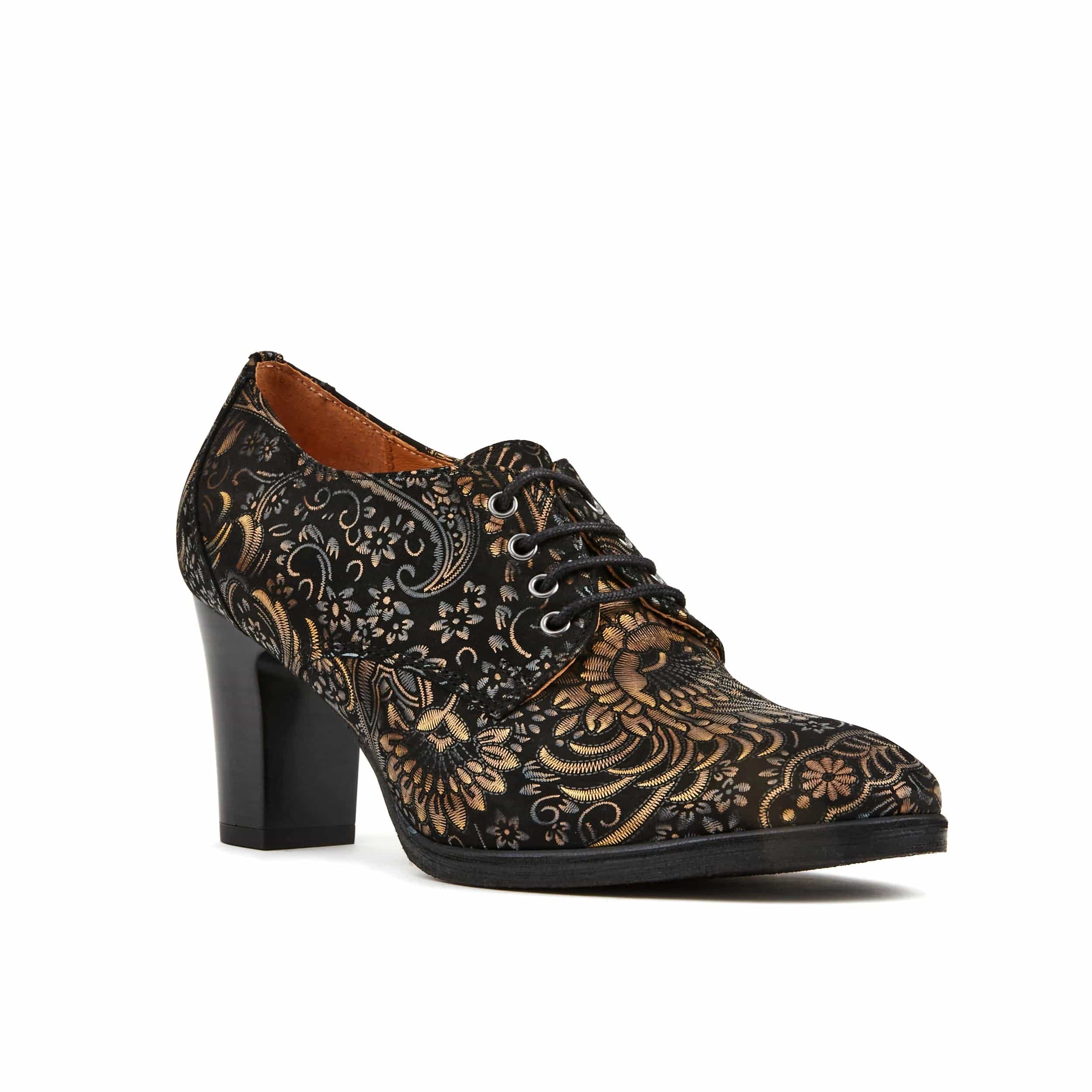 Roulette - Gold feathers - Women's leather heeled oxford lace-up