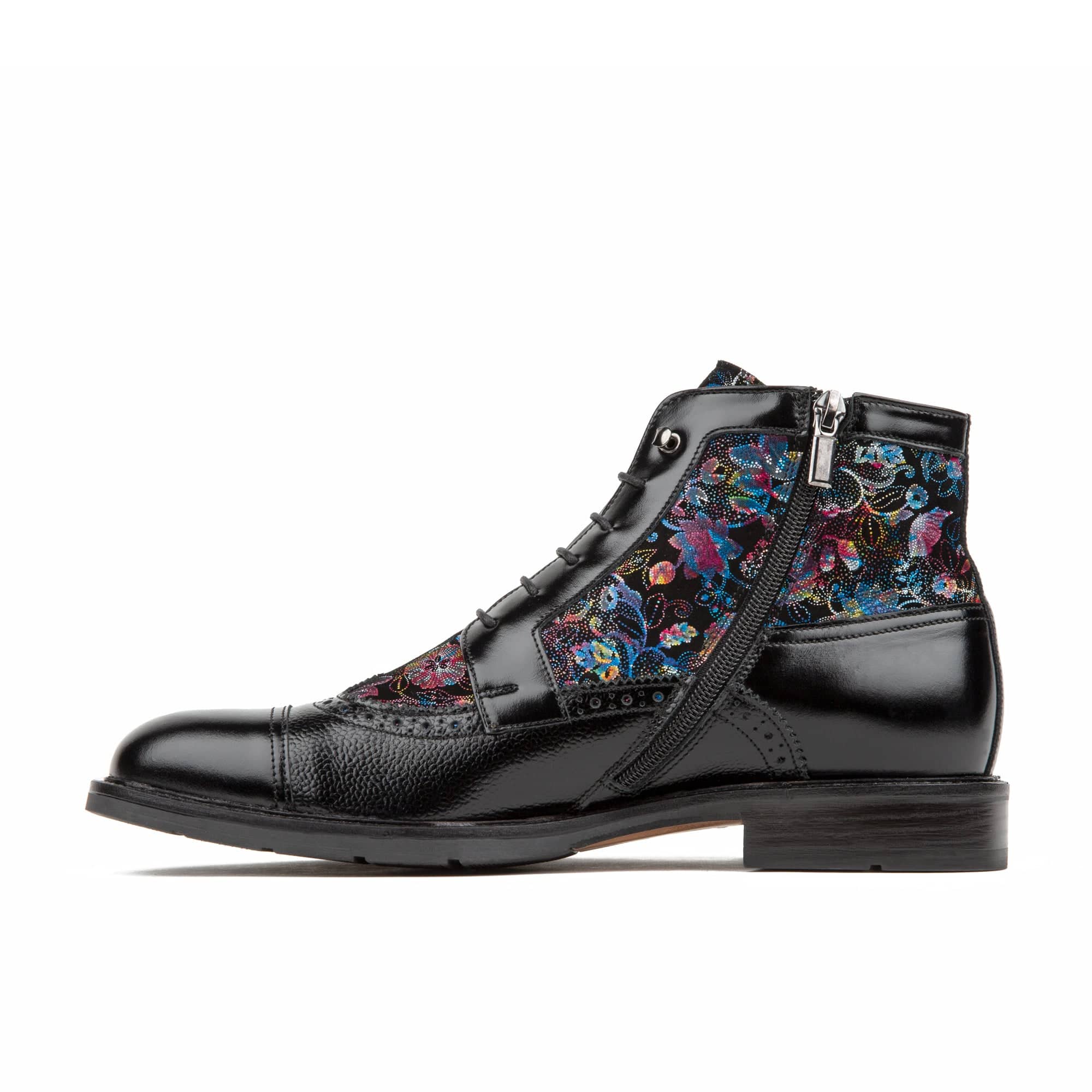 Charles - Black Flower - Men's lace up and zip up dressy leather boot