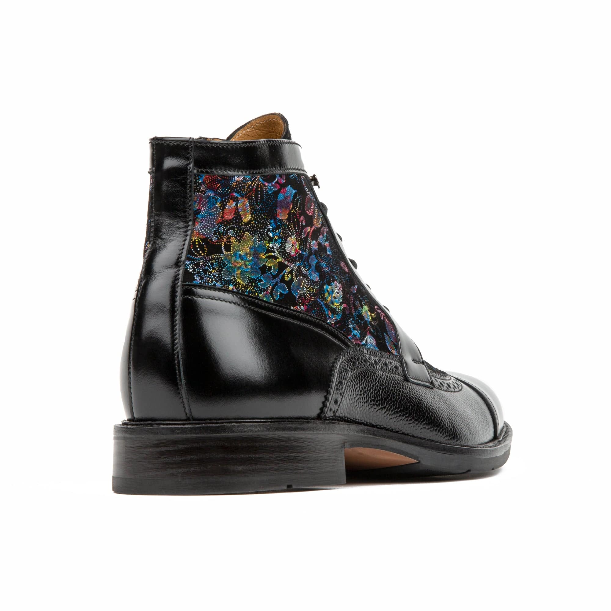 Charles - Black Flower - Men's lace up and zip up dressy leather boot