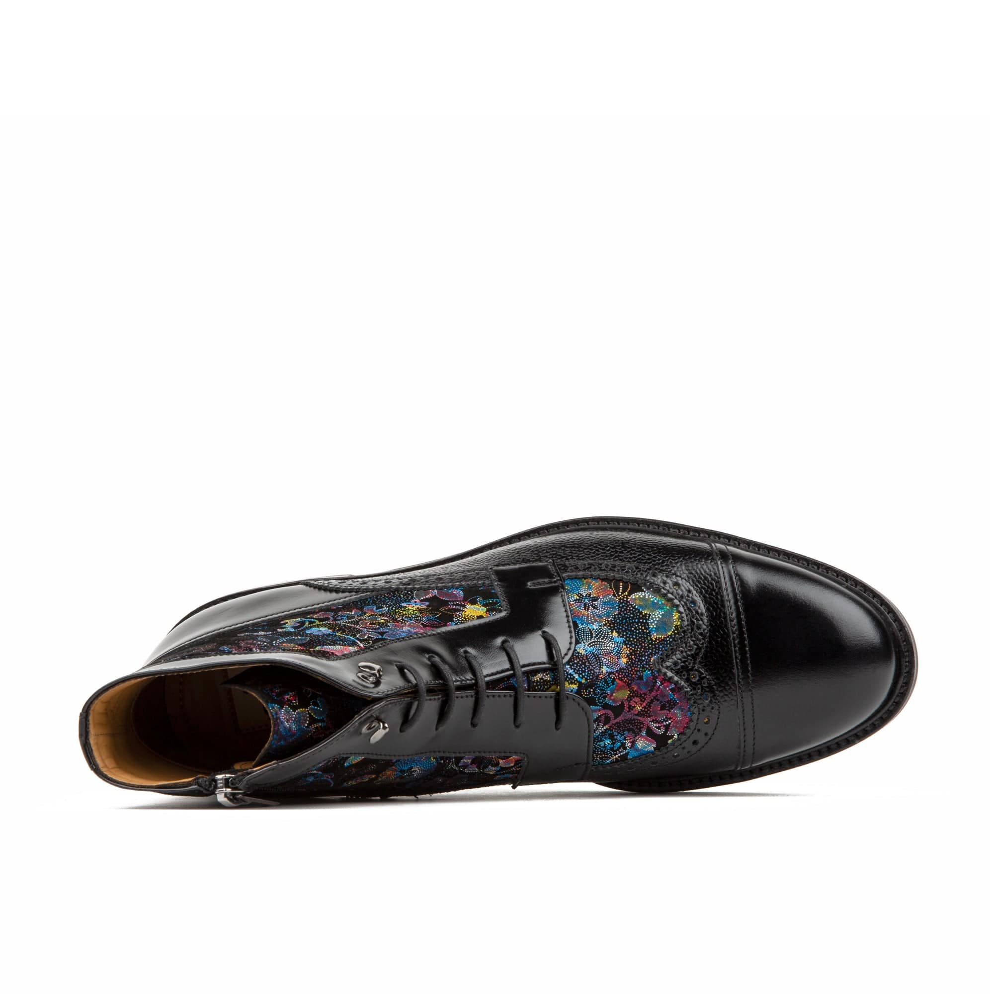 Charles - Black Flower - Men's lace up and zip up dressy leather boot