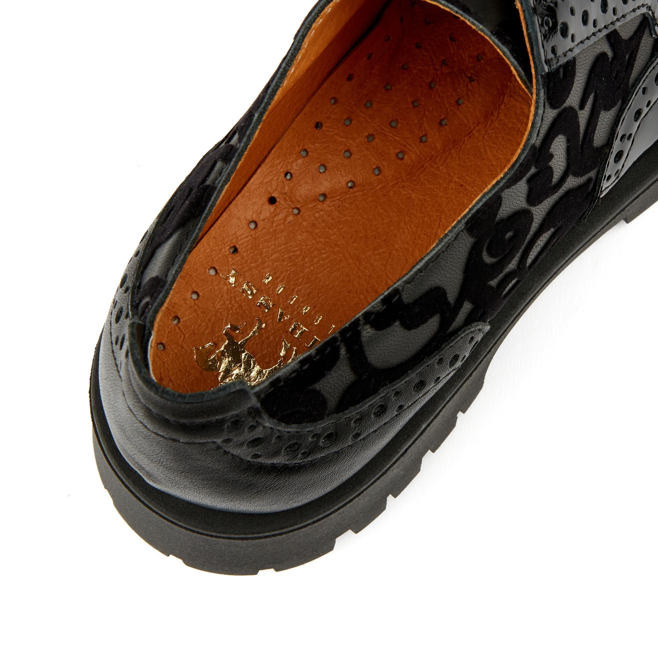 Artisan - Black Floral - Women's leather lace-up shoe with brogue detailing