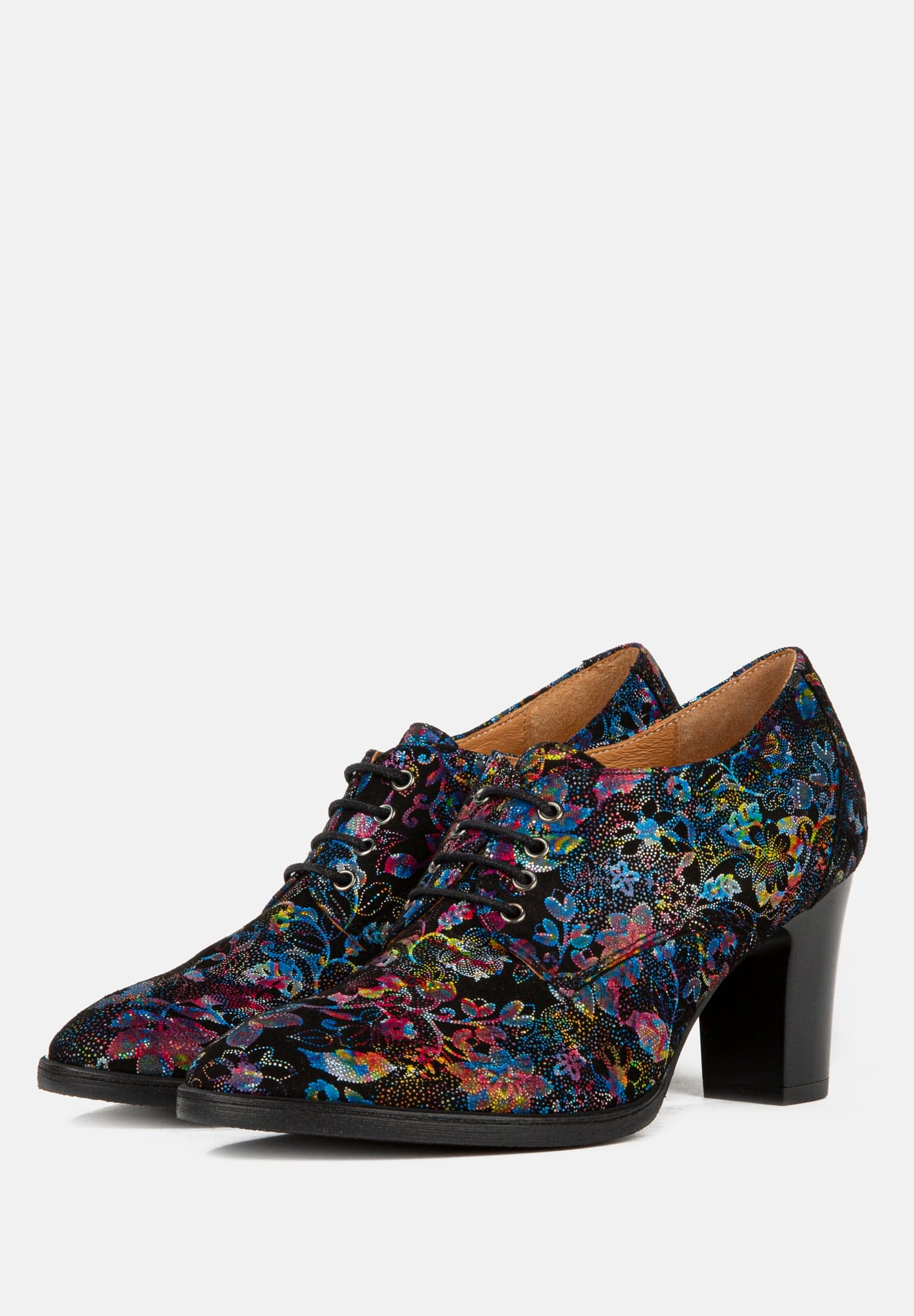Roulette - Black Flower - Women's leather heeled oxford lace-up