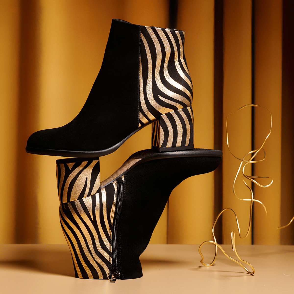 Impala - Black & Gold - Women's Suede Ankle Boot with Block Heel & Gold Foil Zebra Stripes