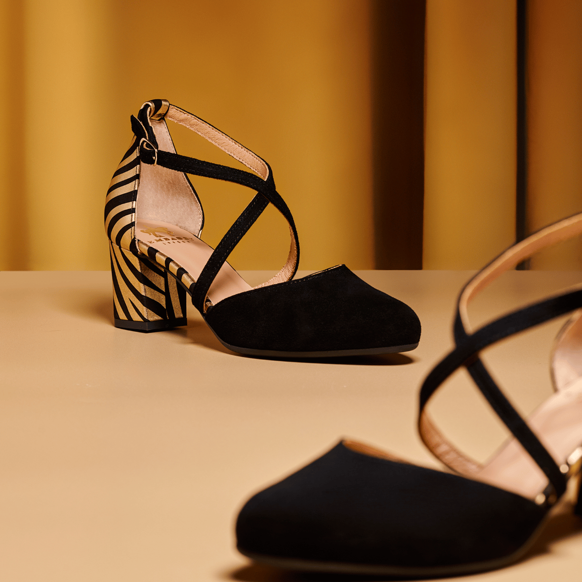 Dannii - Black & Gold Stripes - Women's leather closed-toe block heel with gold foil details