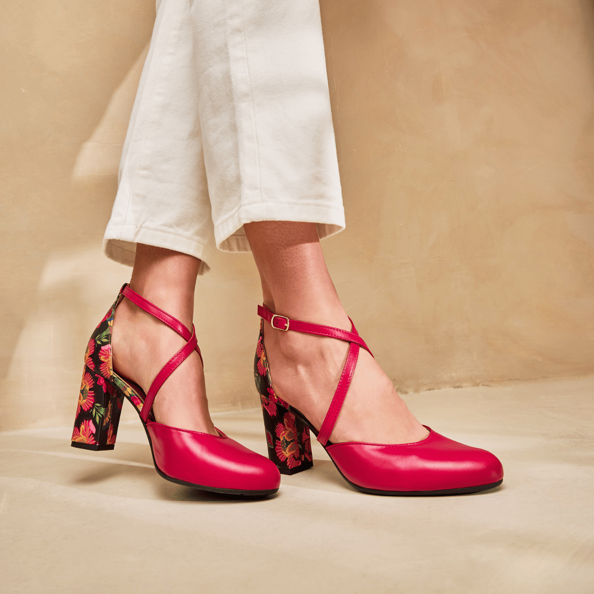 Kylie - Pink & Red Flowers - Women's leather strappy 3 inch block heel