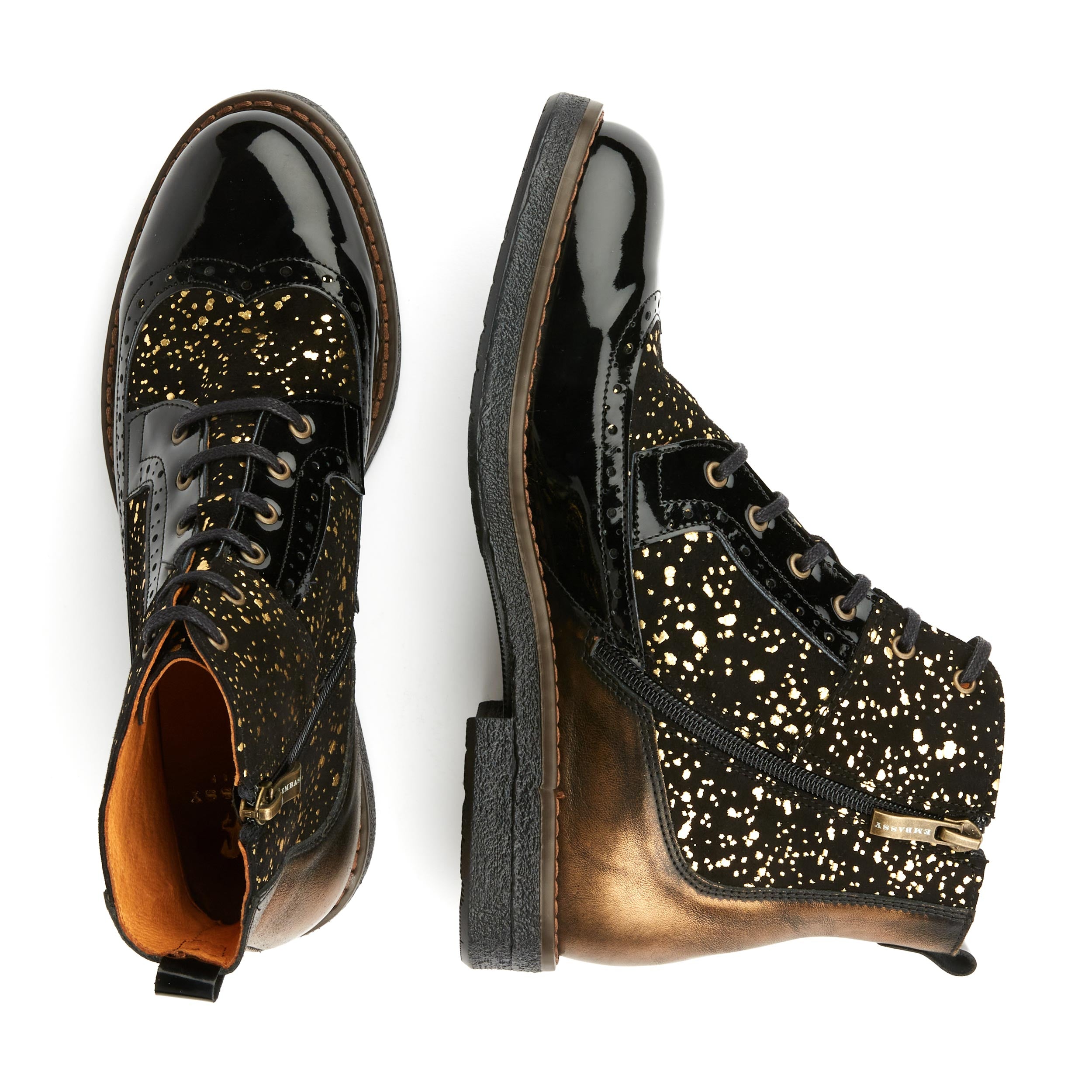 Hatter - Gold Drops - Women's ankle boot in golden paint drops on black leather