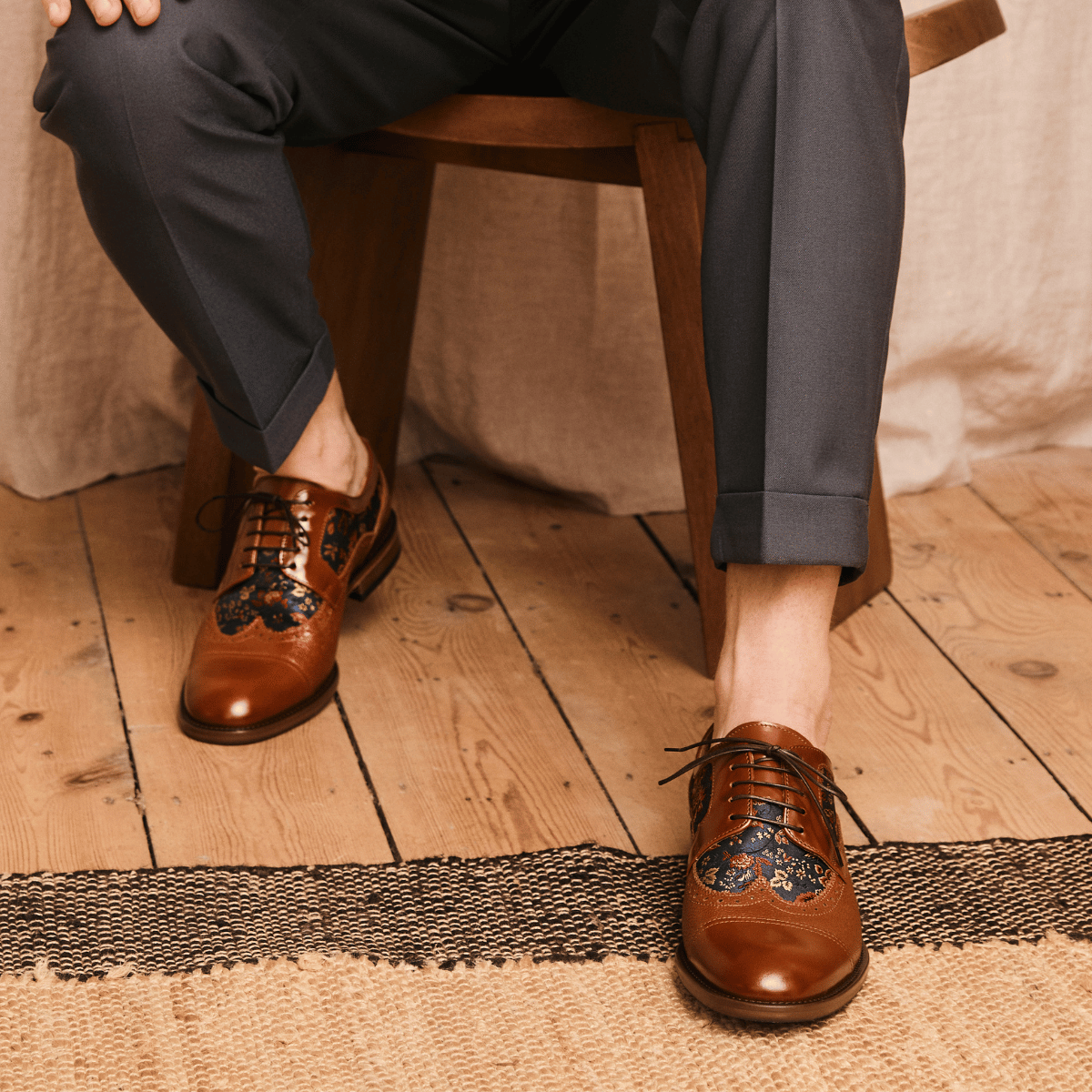 Orlando - Tan & Blue Flowers - Men's leather dress shoe with floral print