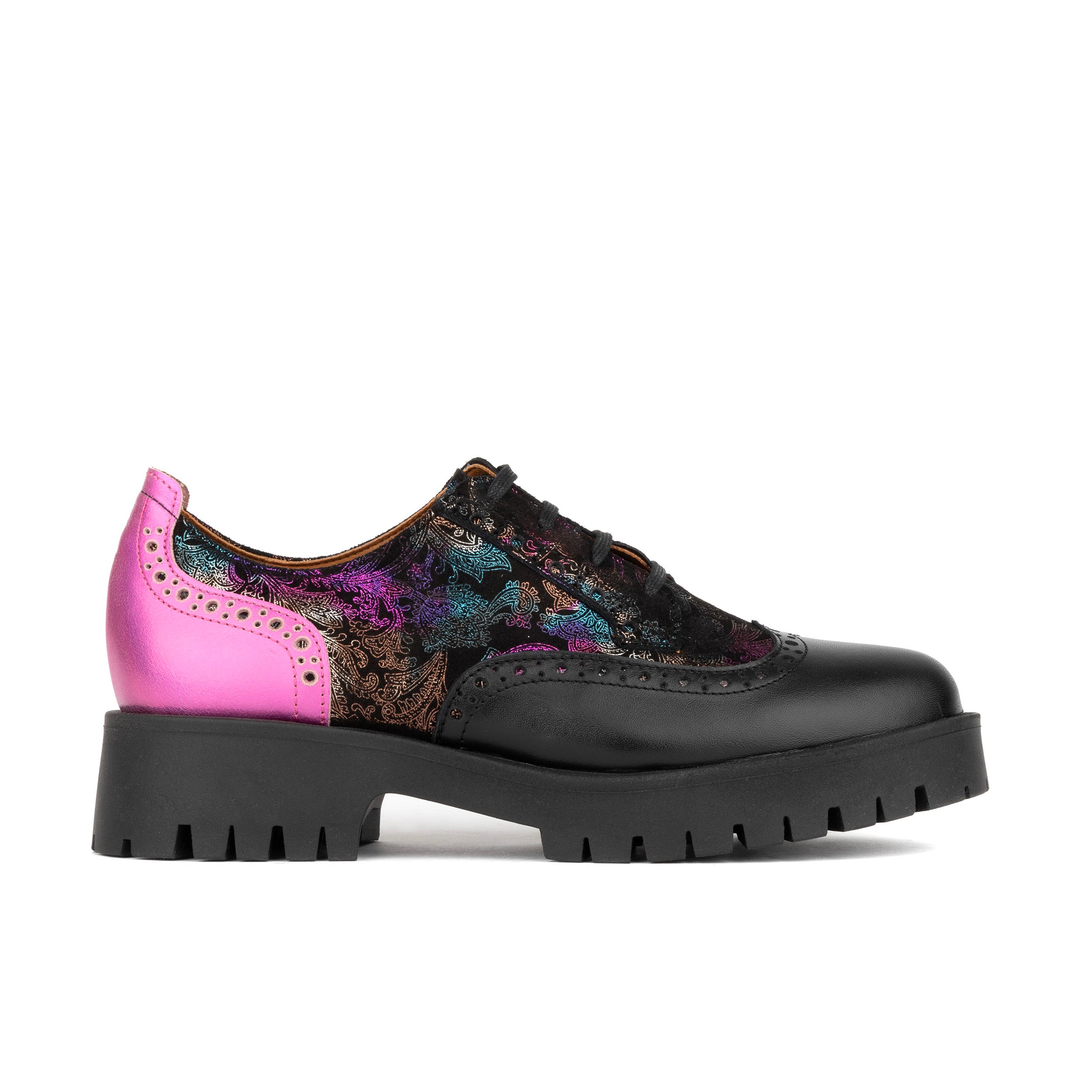 Artisan - Dark Winter Foil & Pink - Women's leather lace-up shoe with brogue detailing