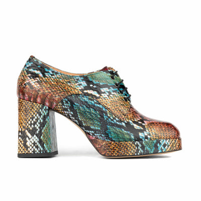 Roulette Platform - Green & Brown Snake - Women's leather oxford pump with platform and block heel