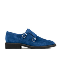 Windsor - Blue - Women's blue suede leather monk shoe with brogue detailing