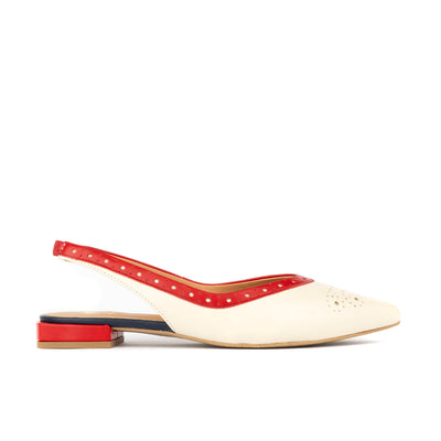Holly Brogue - Cream & Red & Blue - Women's Leather Flat Slingback