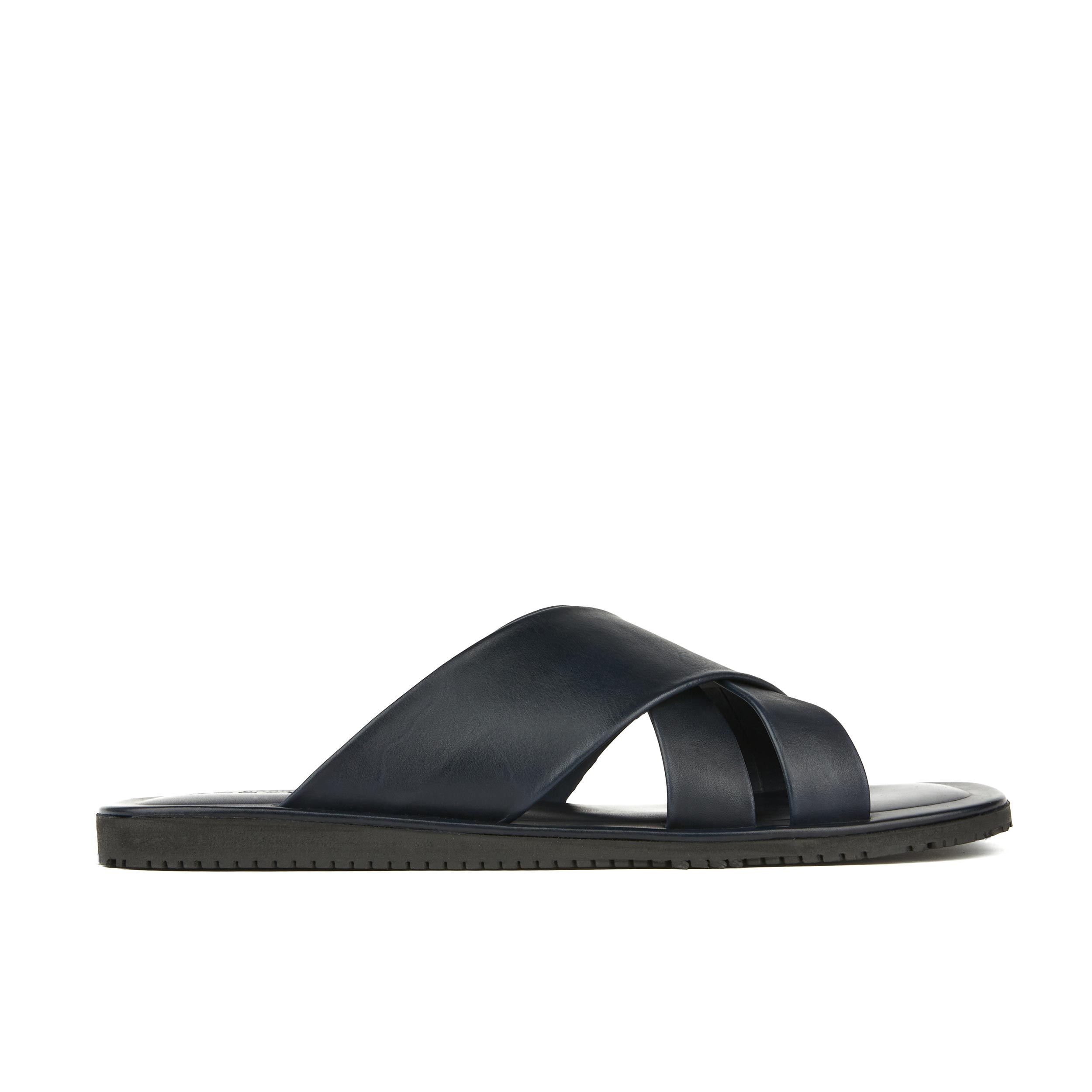 Rio - Navy - Men's crossover straps fully leather lined slide sandal