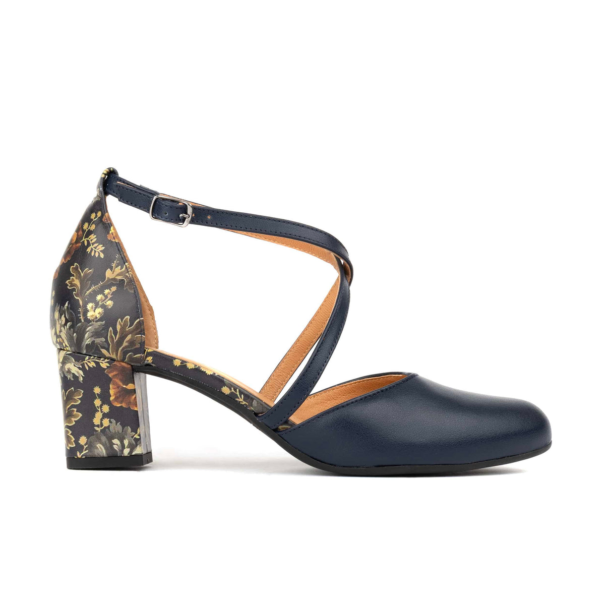 Dannii - Navy & Autumn Bloom - Women's 2.4 inch block heel closed toe leather sandal