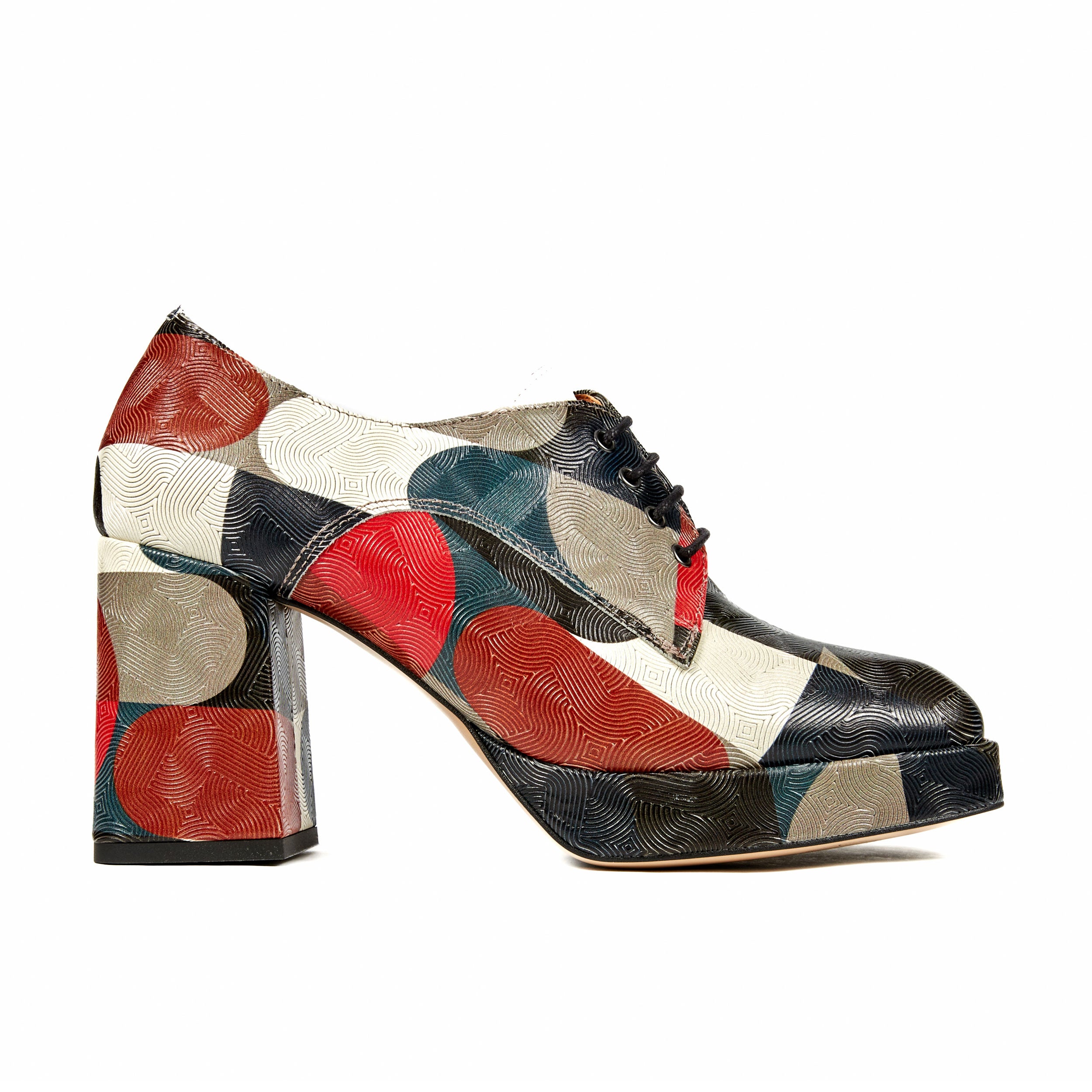 Roulette Platform - Black & Red Groovy - Women's leather block heel platform oxford shoe