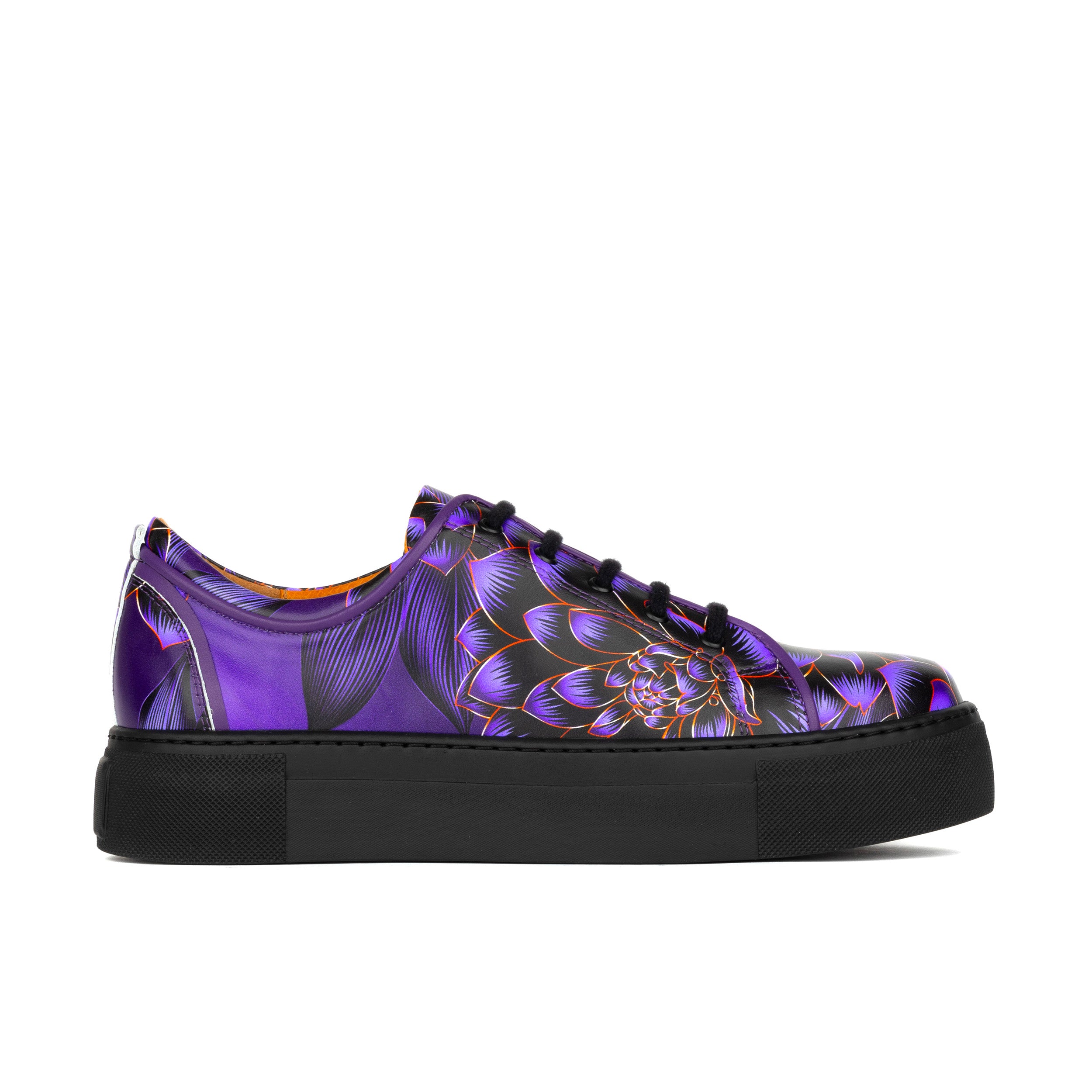 CAMILA PURPLE FLOWER - Women's black sole leather trainer with padded insoles