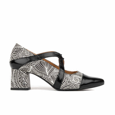 Harlowe High - Black & White & Graphic Print - Women's leather block heel pumps