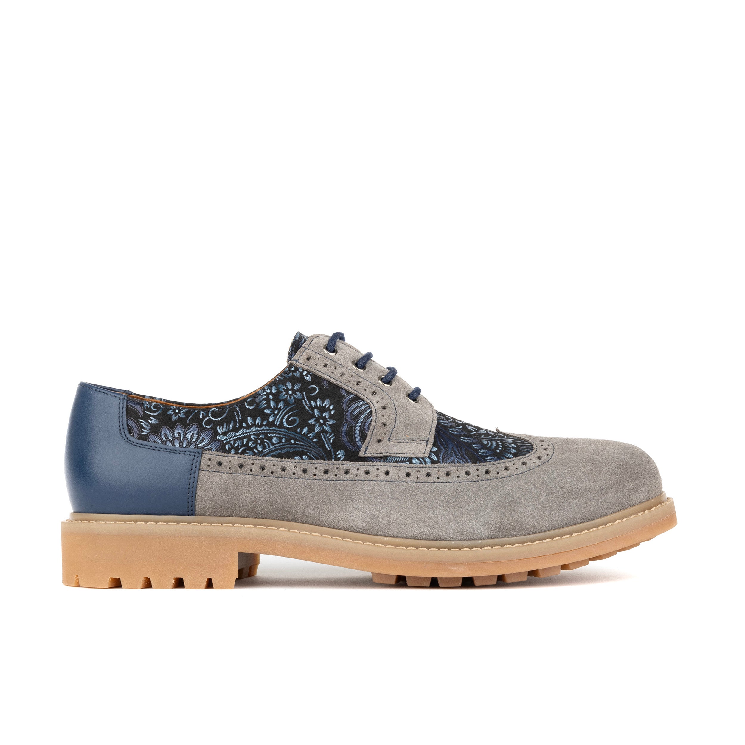 Cyclone - Grey, Blue & Silver Paisley - Men's Chunky Sole Leather & Suede Shoe with Paisley Print