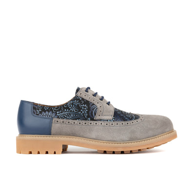 Cyclone - Grey, Blue & Silver Paisley - Men's Chunky Sole Leather & Suede Shoe with Paisley Print
