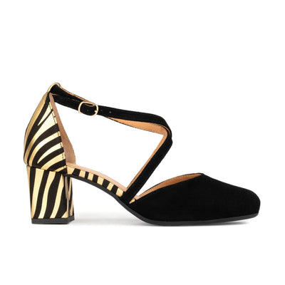 Dannii - Black & Gold Stripes - Women's leather closed-toe block heel with gold foil details