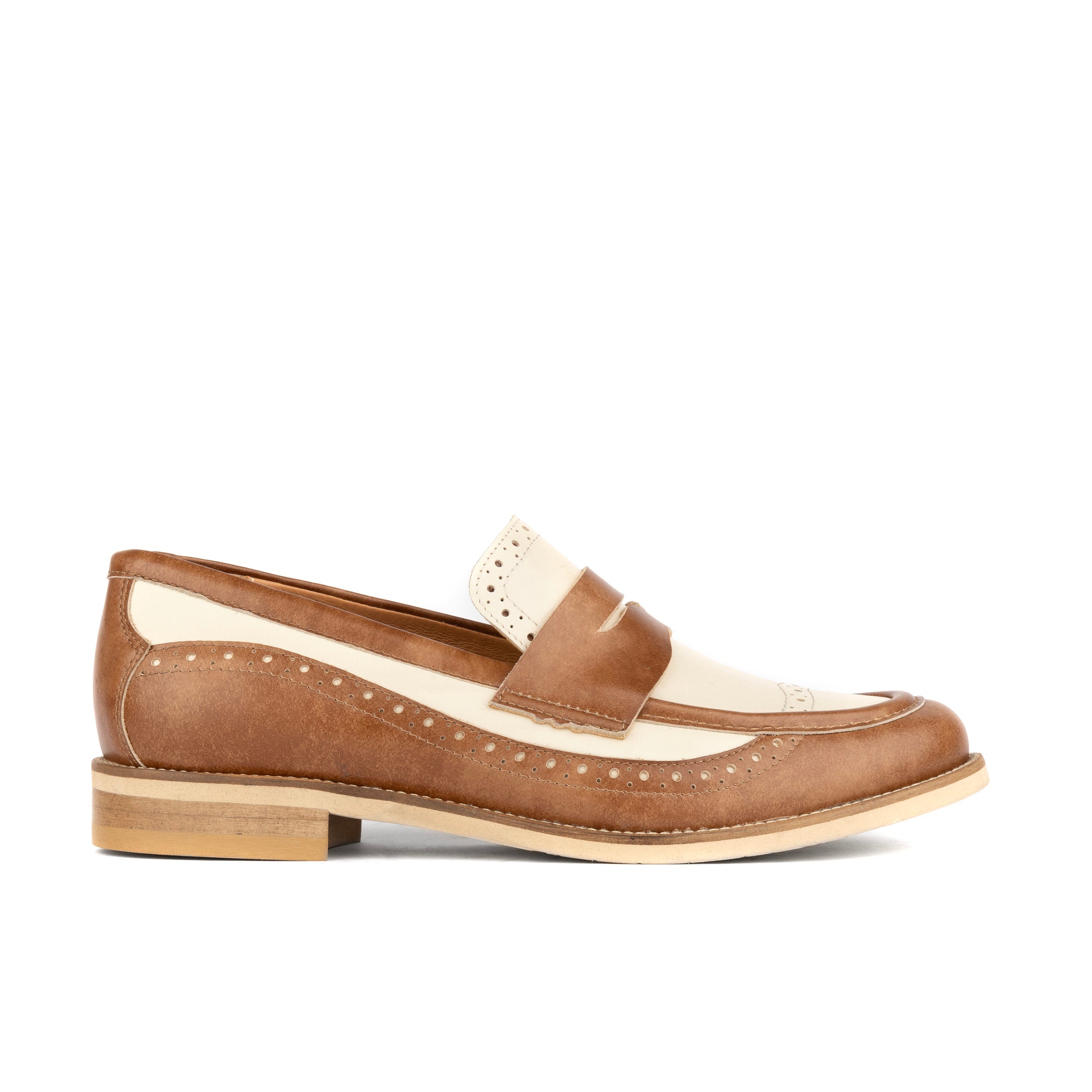 Angelina - Tan & Cream - Women's leather almond toe penny loafer with broguing