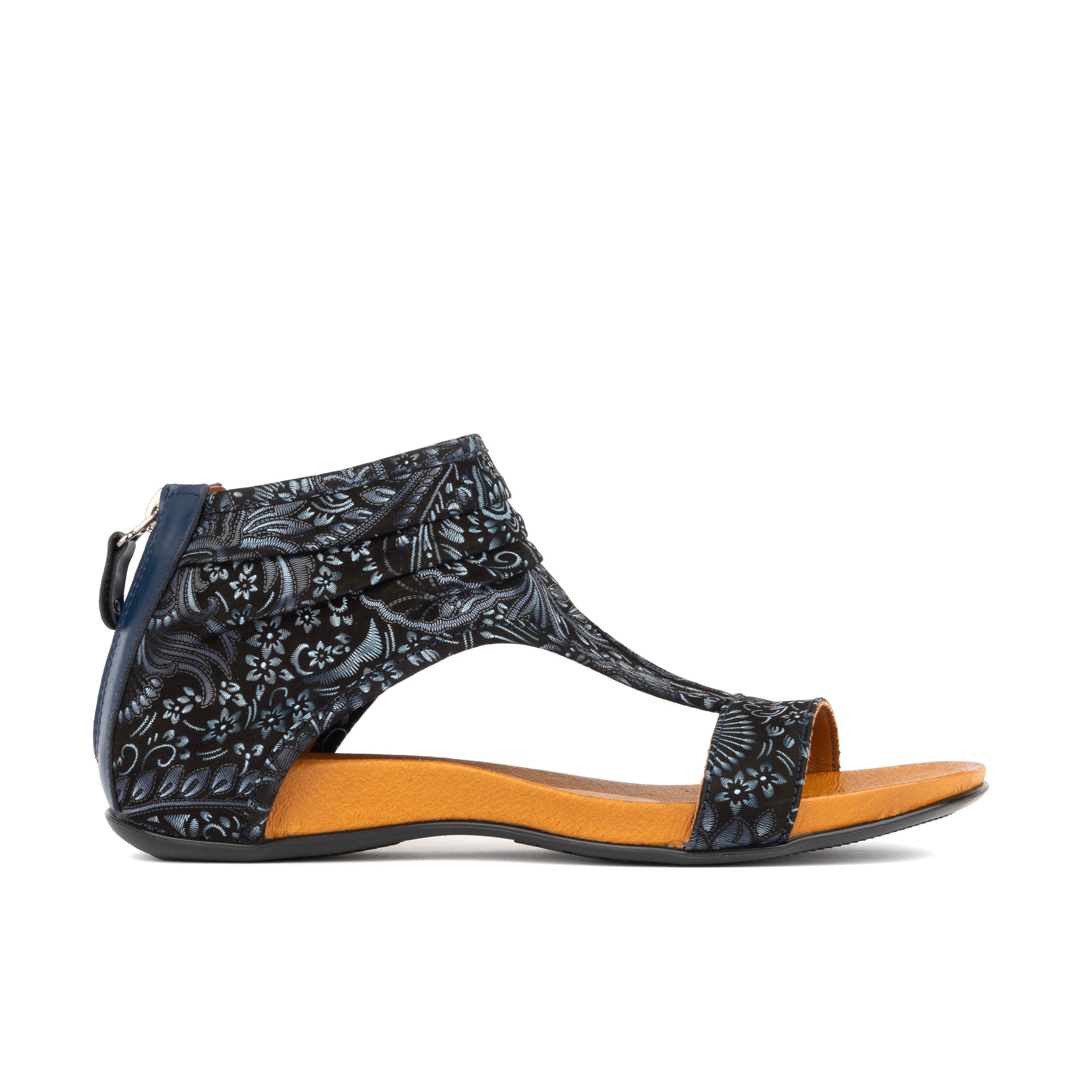 Downtown - Navy Floral - Women's covered heel comfortable flat leather sandal