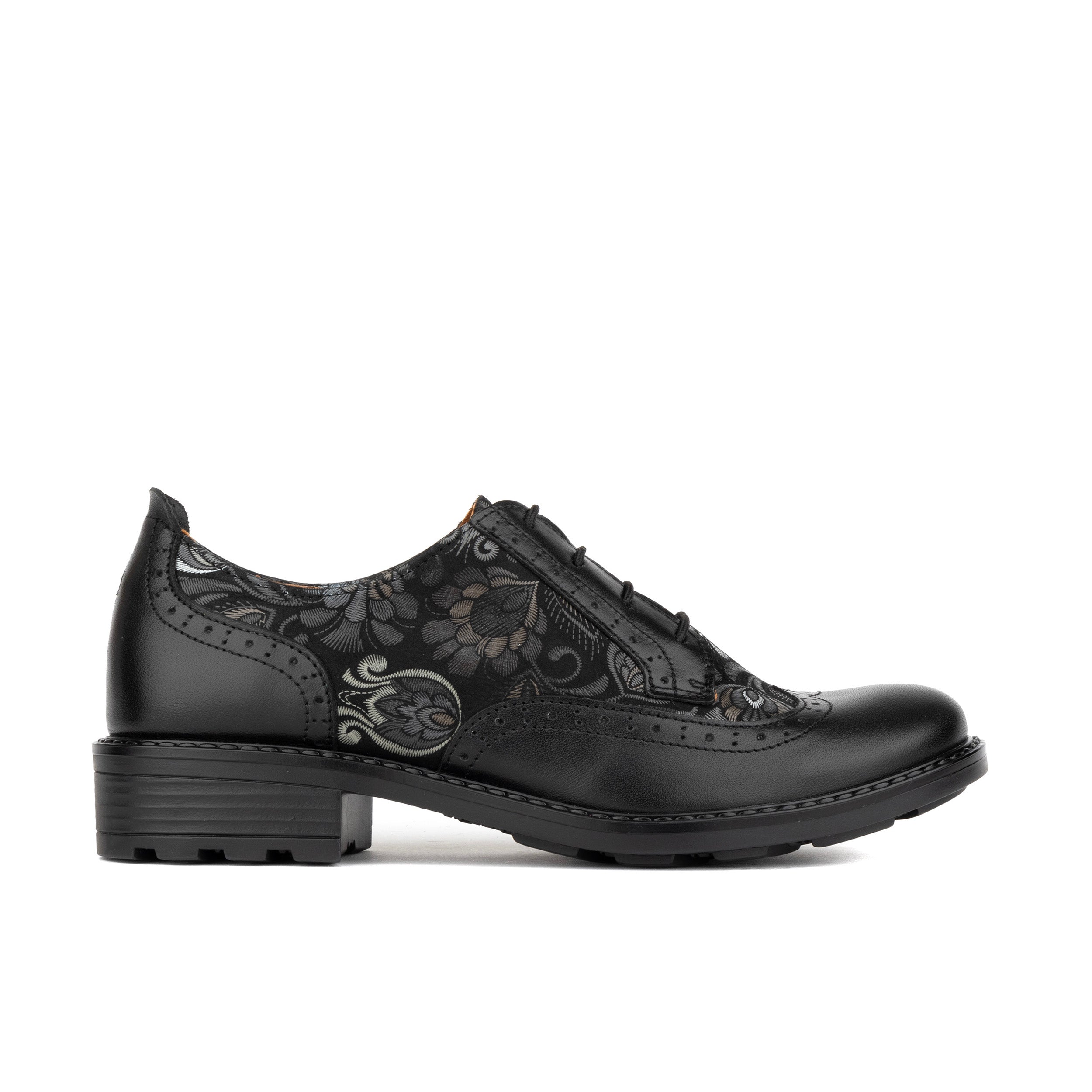 DreamFiters - Black Emboss - Women's round toe leather derby shoe on durable rubber sole