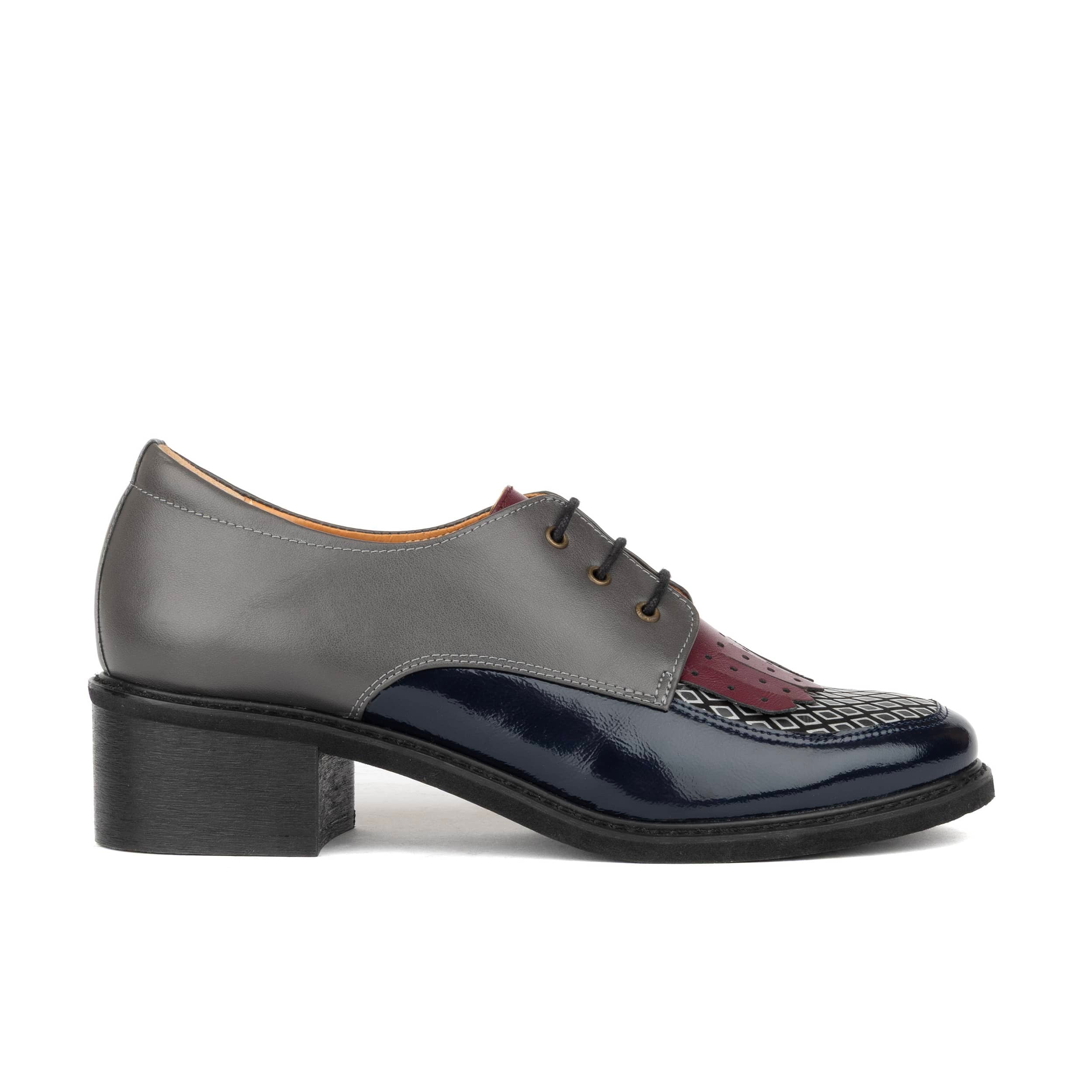 Retro Tone - Burgundy & Navy & Grey - Women's leather lace-up with signature kiltie detail