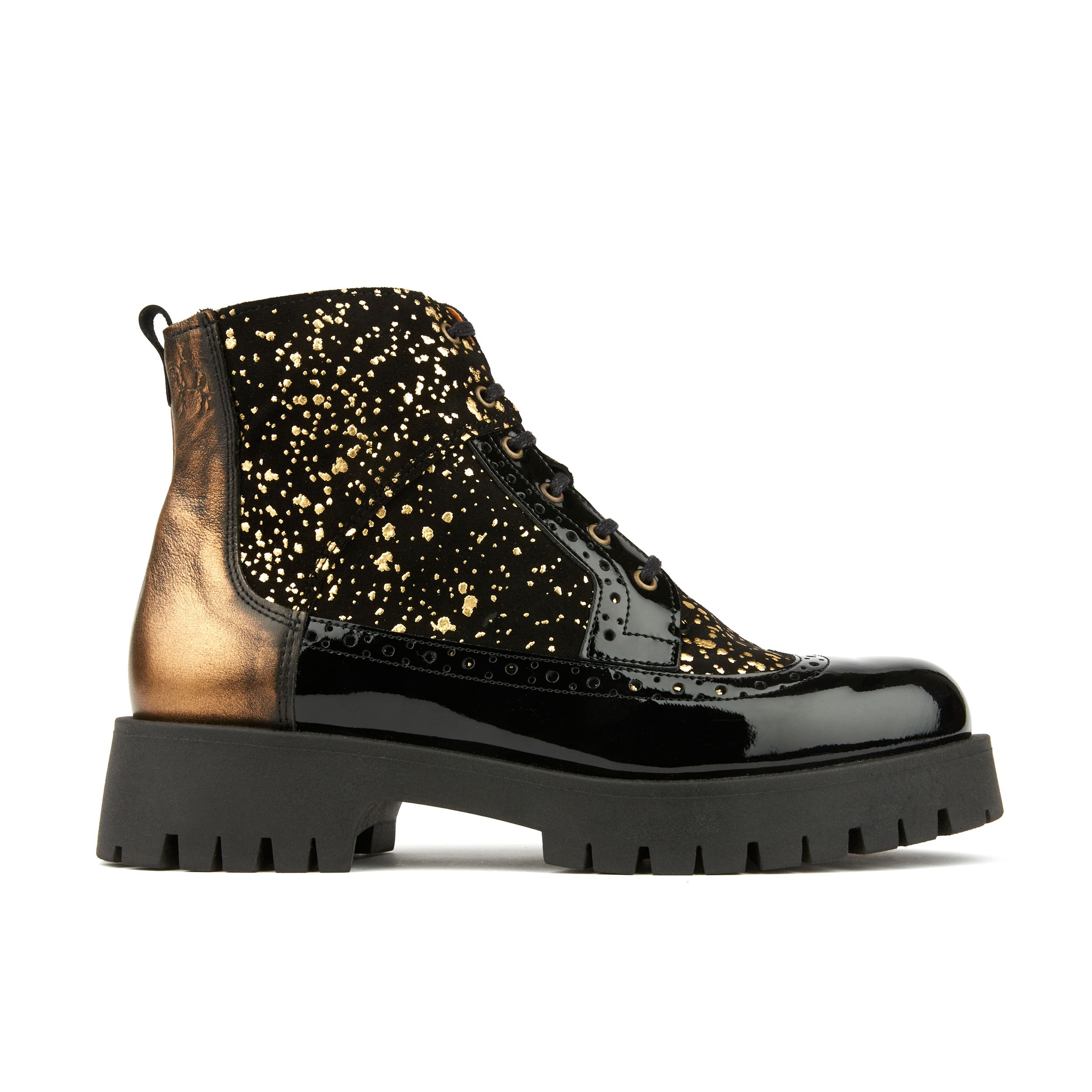 Hatter Platform - Drops - Women's ankle boot in golden paint drops on black leather