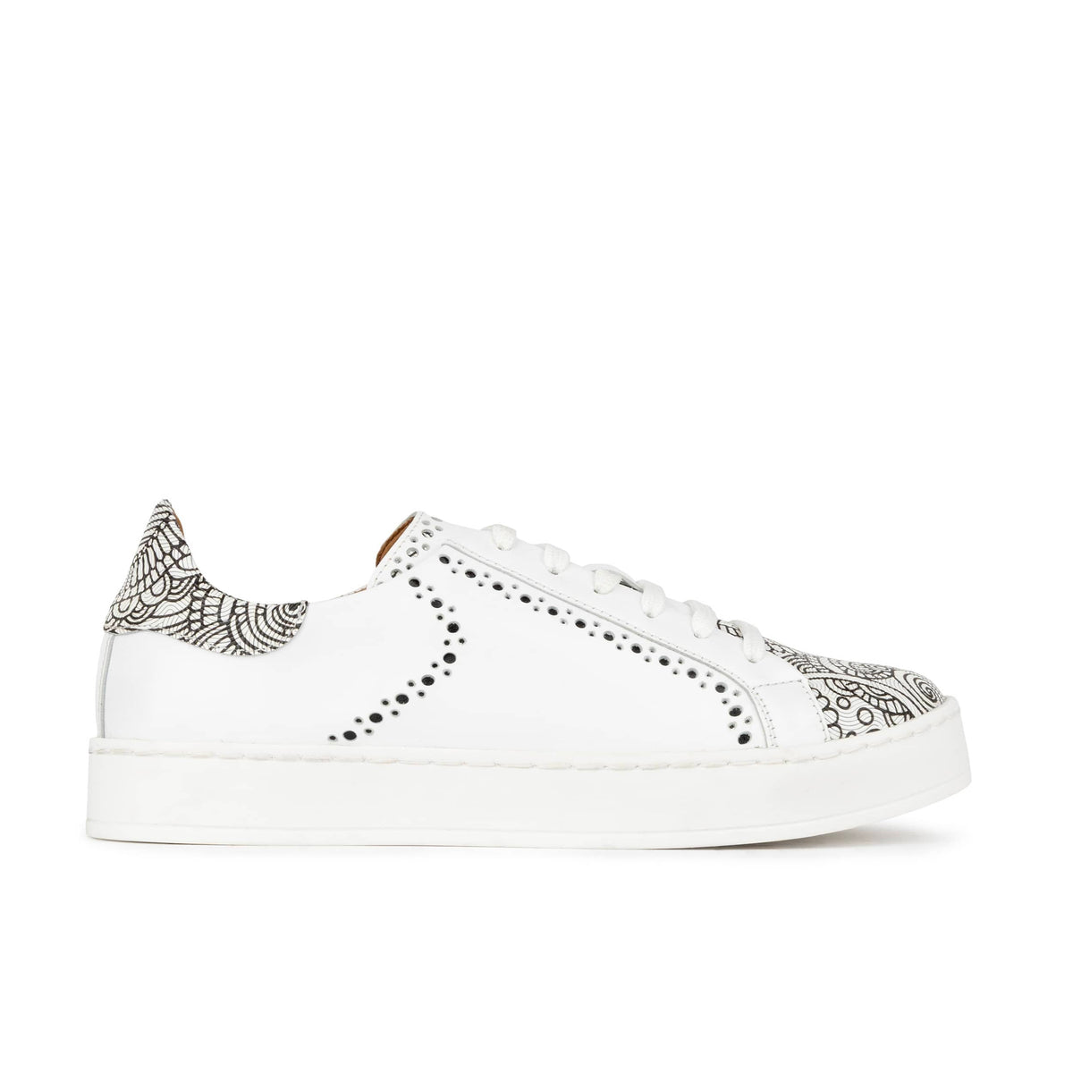 Serena - Black & White & Graphic Print - Women’s Leather Trainer with Brogue Details